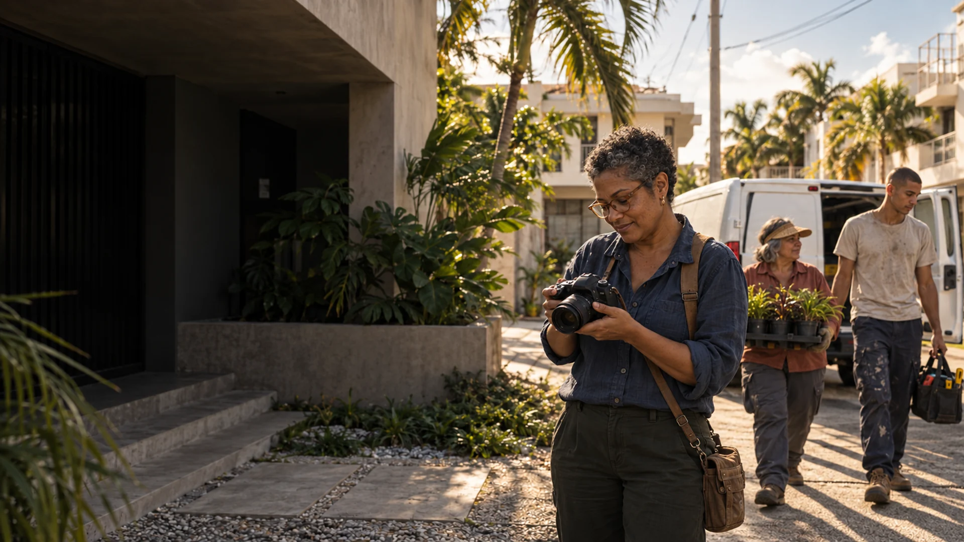 A photographer checking her camera while a service team prepares plants and tools beside their van.