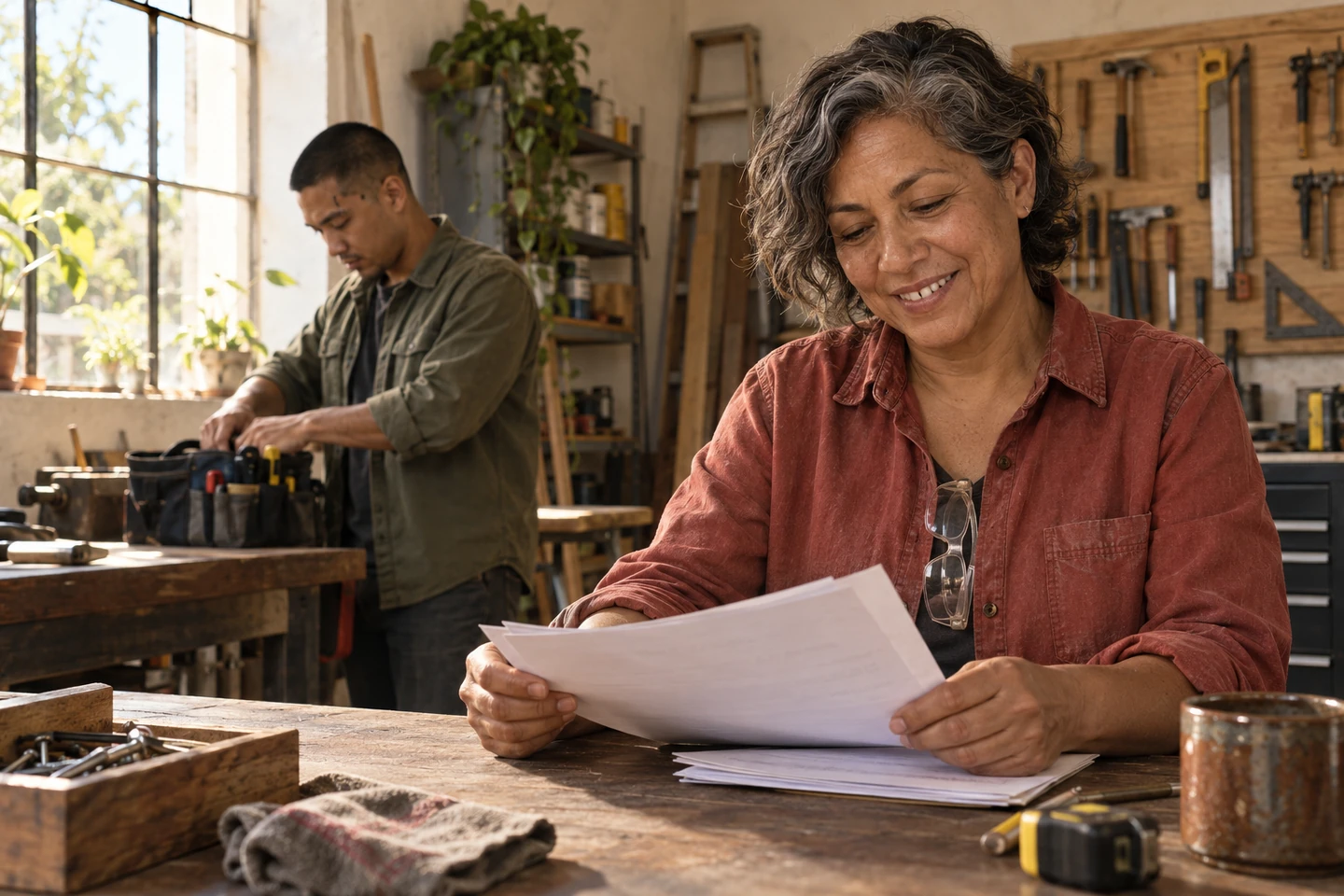 A fictional home-repair business owner reviews job paperwork while her colleague packs their tools.